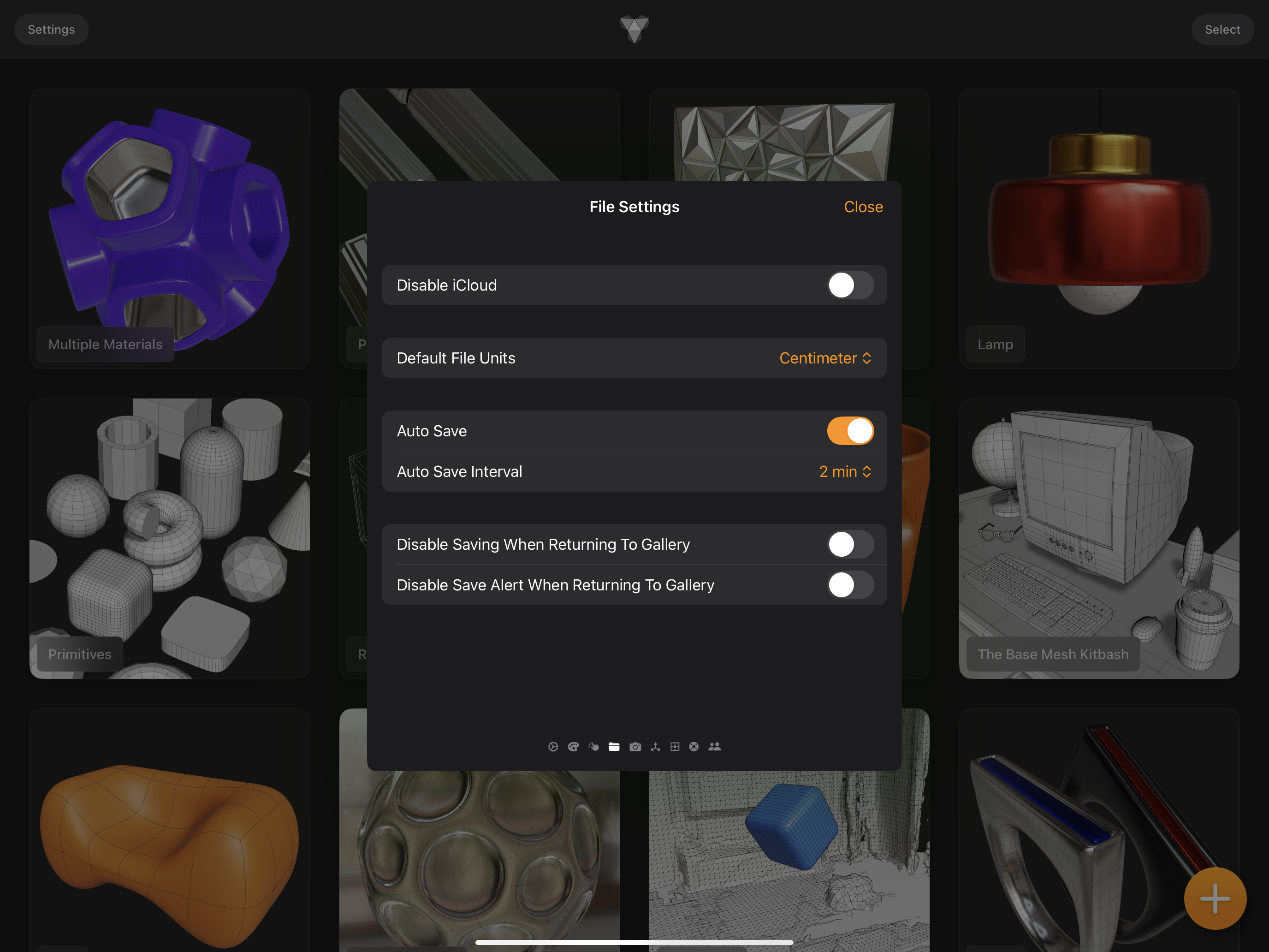 Valence 3D File Settings Sheet View