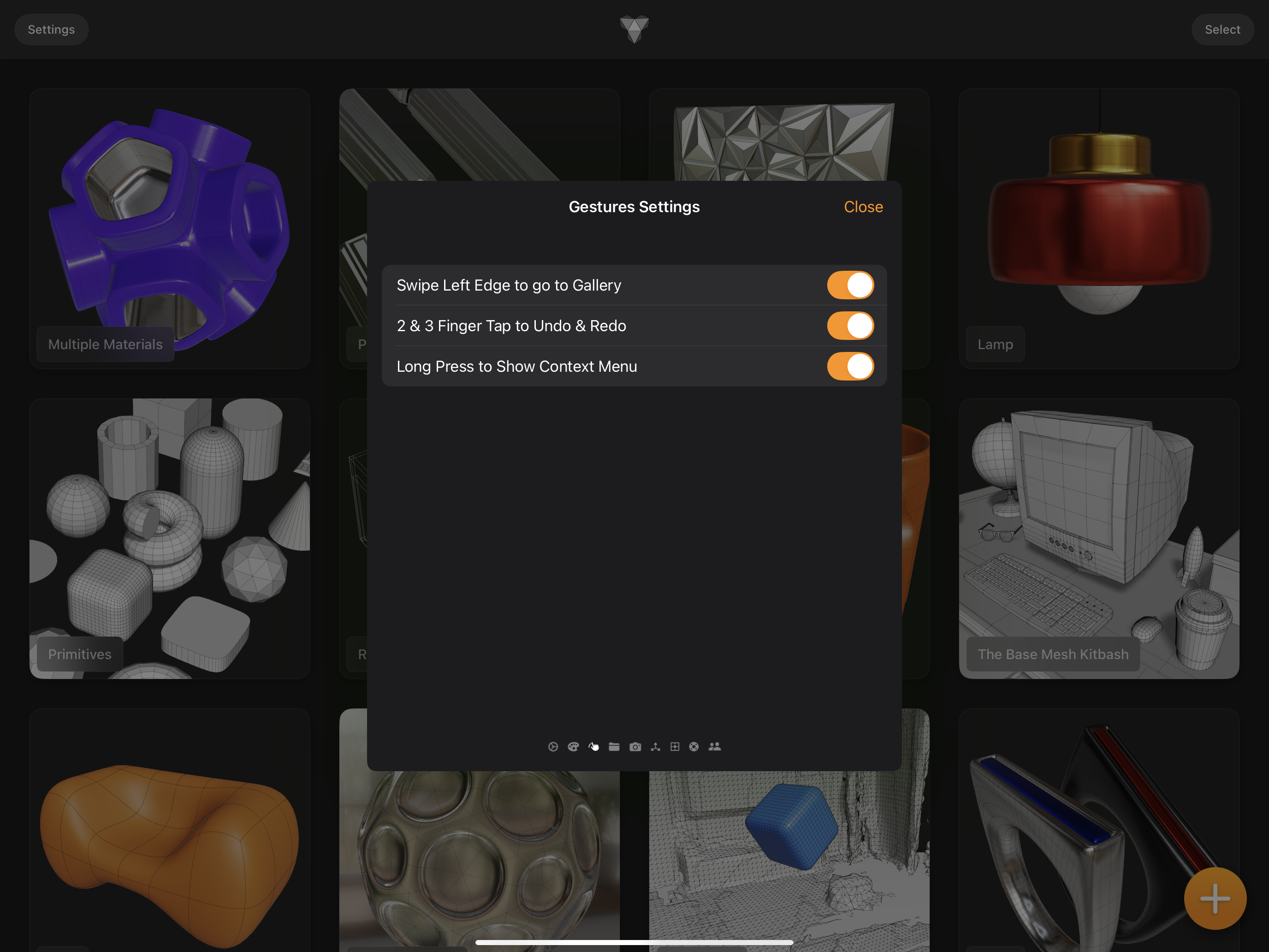 Valence 3D Gesture Settings Sheet View
