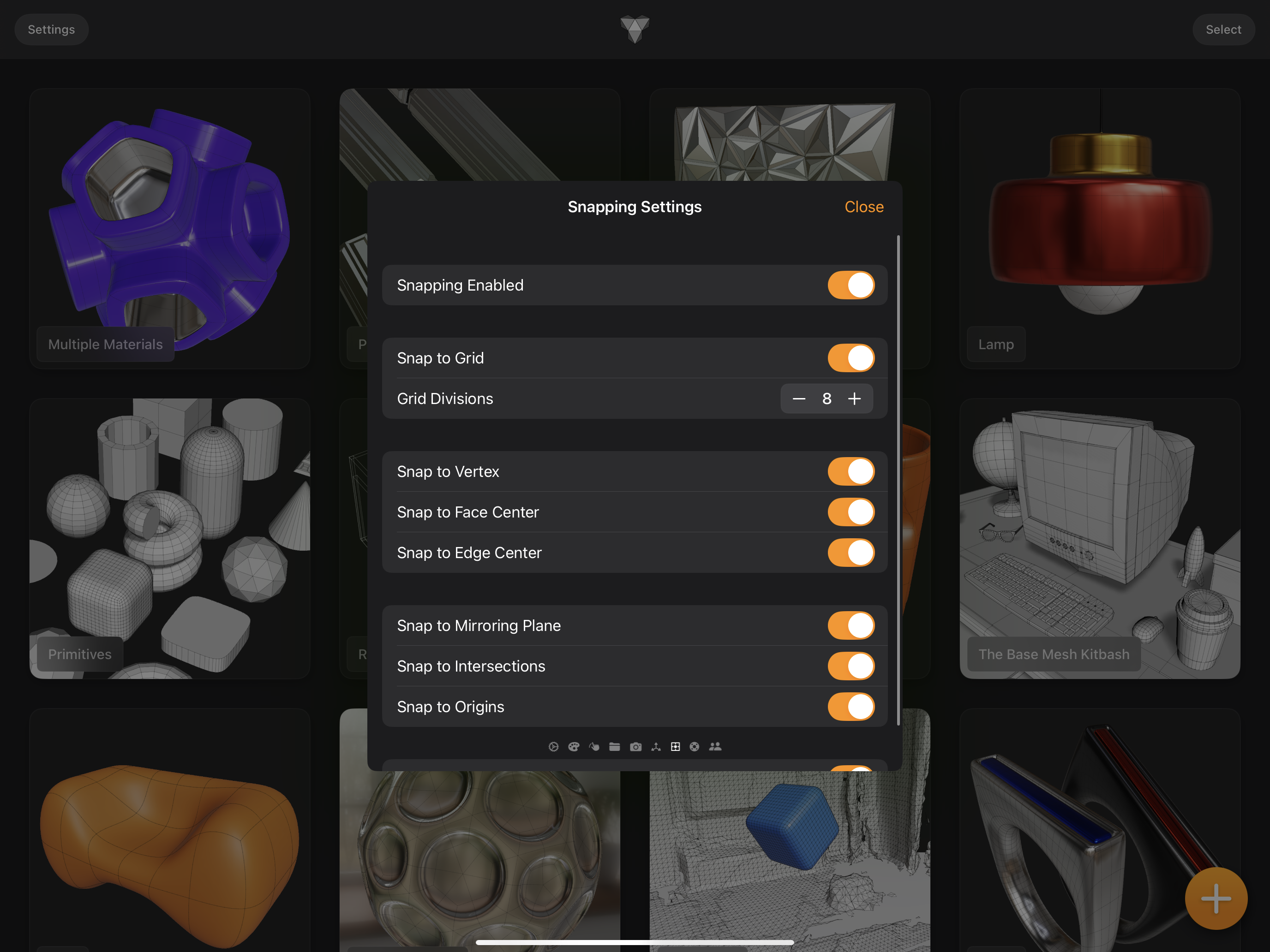 Valence 3D Snapping Settings Sheet View