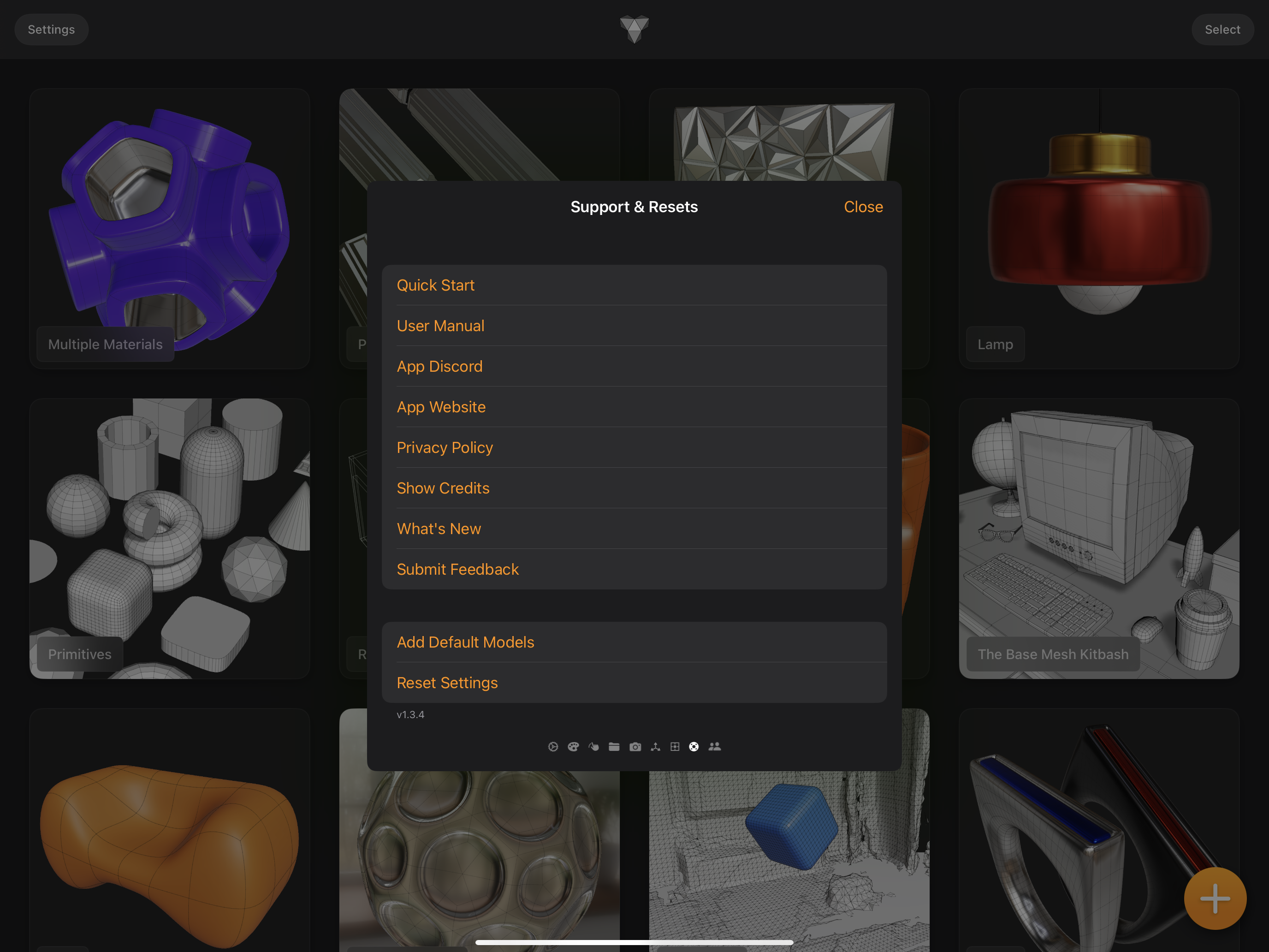 Valence 3D Support Settings Sheet View